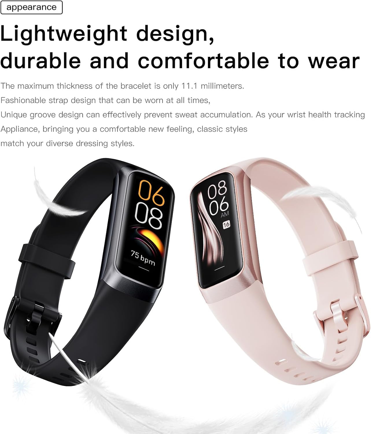 Health and Fitness Tracker for Men and Women - AMOLED Display, Slim Design, 25 Sports Modes, Heart Rate and Blood Pressure Monitoring, Alarm, Stopwatch, Timer, Calorie Tracking, IP68 Waterproof