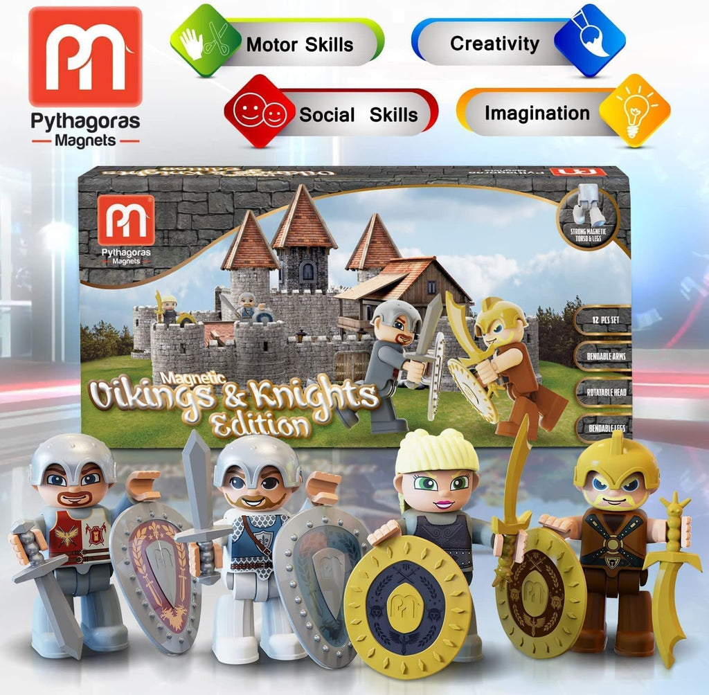Pythagoras Magnetics Magnetic Figures Set with Knights and Vikings, Interactive Early Learning STEM Toys for Boys and Girls, Action Figures for Building Blocks and Tiles, Fun 12 Pc. Add-On Kit