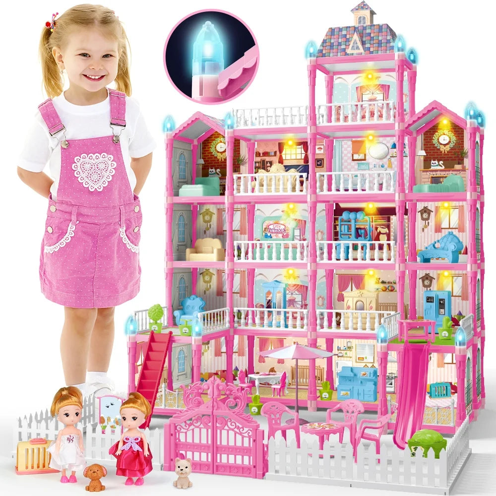 Doll House for Girls, 5-Story 19 Rooms Huge Dollhouse Playset with LED Lights, 2 Dolls, Furnitures, Accessories, DIY Pretend Play House Toys Gifts for Kids, Pink