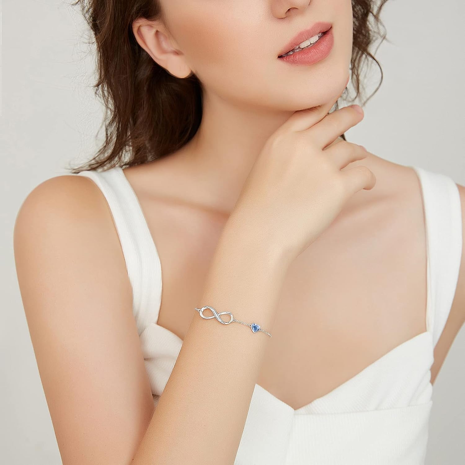 Infinity Heart Birthstone Charm Link Bracelet in 925 Sterling Silver - Adjustable Gift for Women on Special Occasions