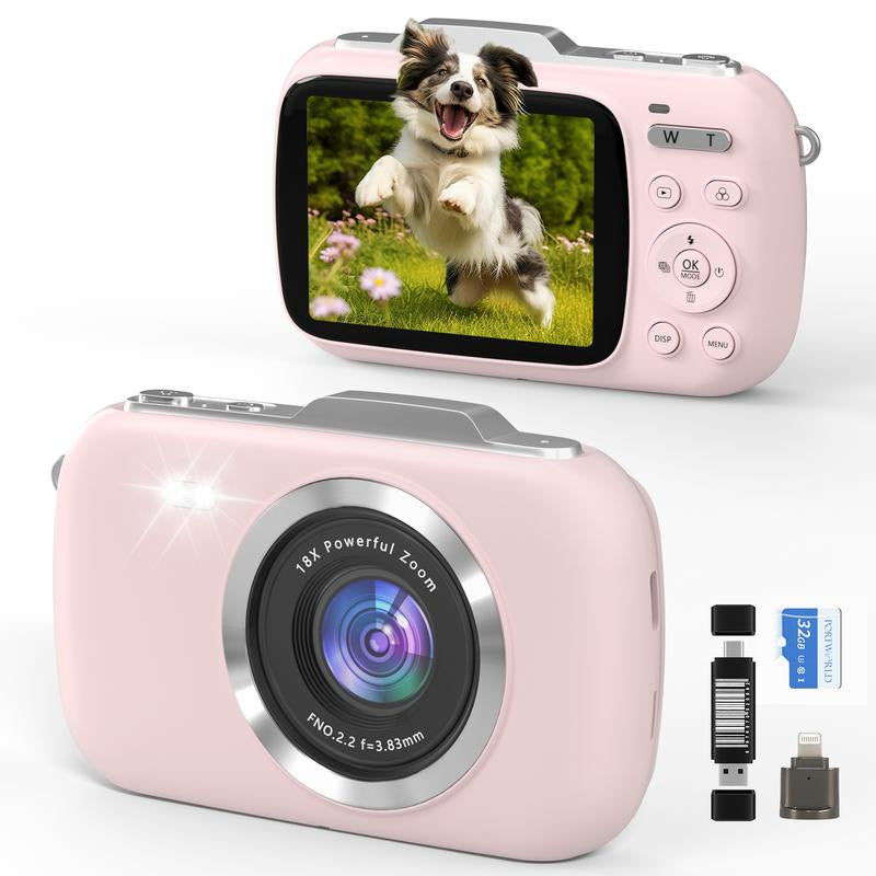UHD 4K 64MP Compact Mini Vlogging Camera with 18X Digital Zoom and 32GB TF Card - Pink