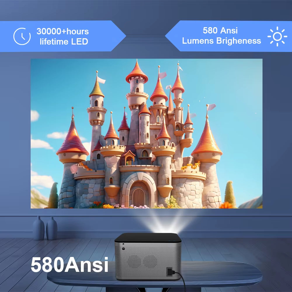 4K Smart Projector with Android 11, 580 ANSI Lumens, 1920x1080P Full HD, Wifi 6, Bluetooth 5.0, Allwinner H713, and Voice Control for Home Theater