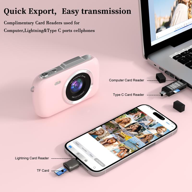 UHD 4K 64MP Compact Mini Vlogging Camera with 18X Digital Zoom and 32GB TF Card - Pink