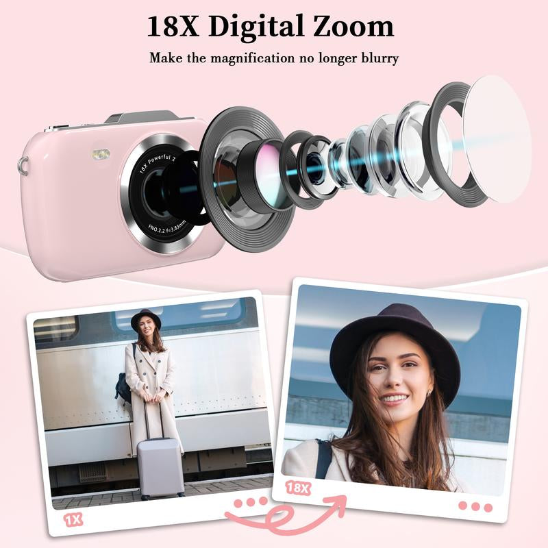 UHD 4K 64MP Compact Mini Vlogging Camera with 18X Digital Zoom and 32GB TF Card - Pink