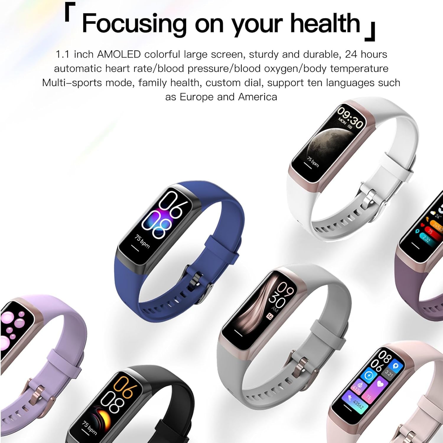Health and Fitness Tracker for Men and Women - AMOLED Display, Slim Design, 25 Sports Modes, Heart Rate and Blood Pressure Monitoring, Alarm, Stopwatch, Timer, Calorie Tracking, IP68 Waterproof