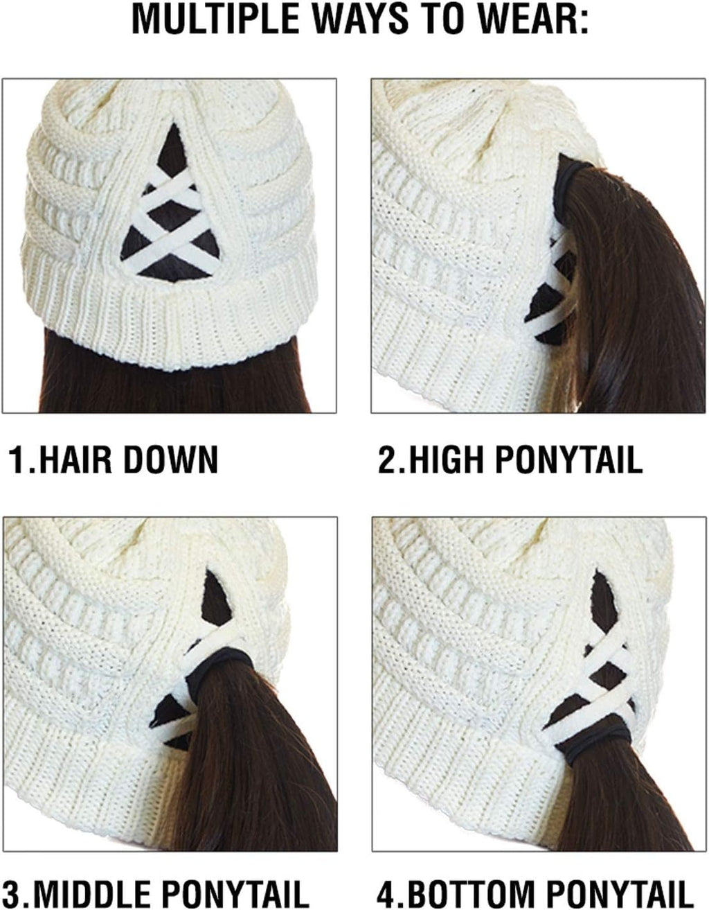 Women's Cable Knit Beanie with Soft Stretch for Messy Bun and Ponytail - Winter Hat (MB-20A)