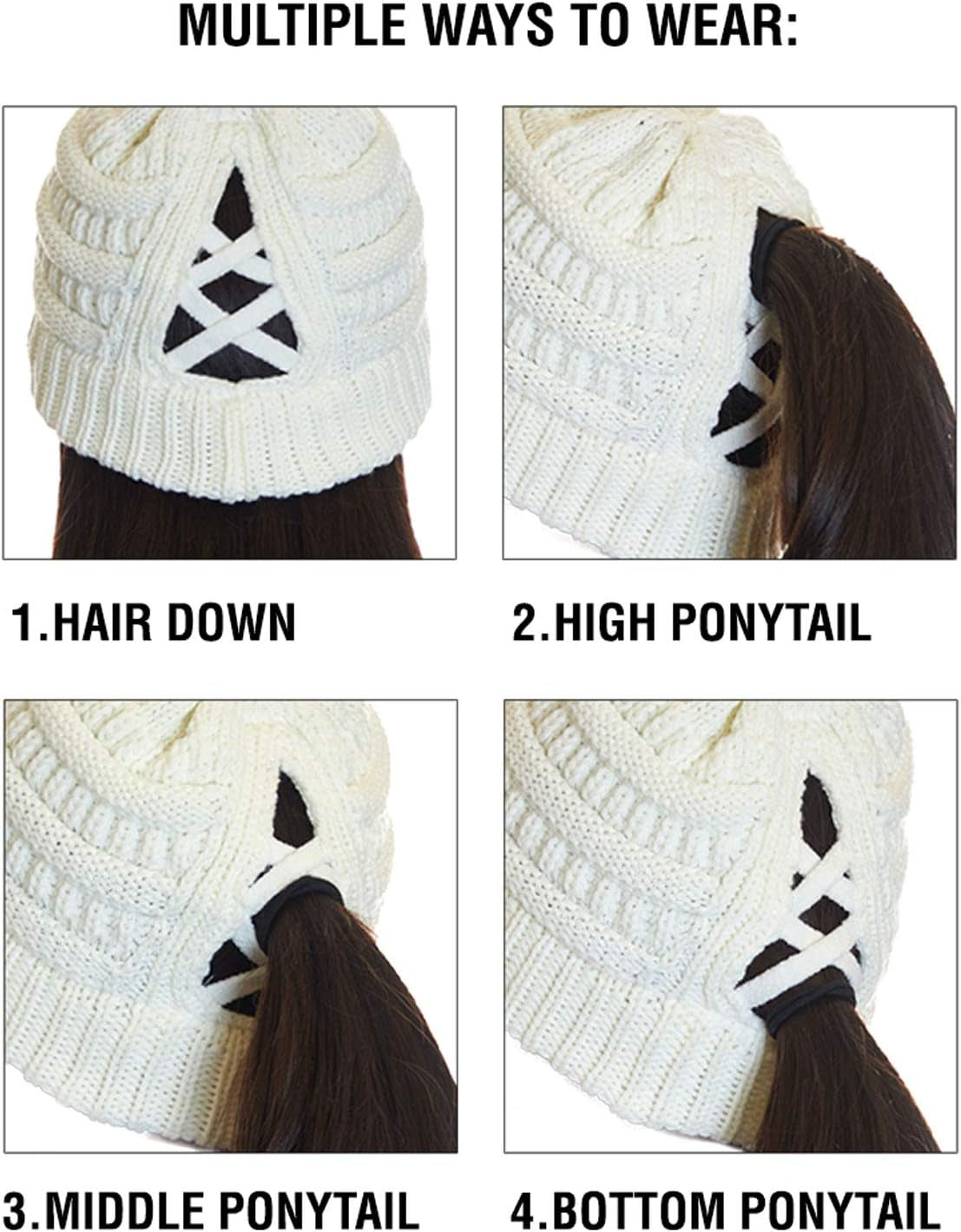 Women's Cable Knit Beanie with Soft Stretch for Messy Bun and Ponytail - Winter Hat (MB-20A)