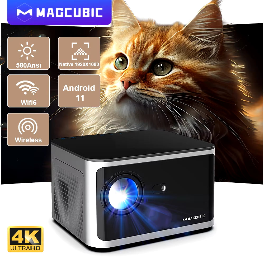 4K Smart Projector with Android 11, 580 ANSI Lumens, 1920x1080P Full HD, Wifi 6, Bluetooth 5.0, Allwinner H713, and Voice Control for Home Theater