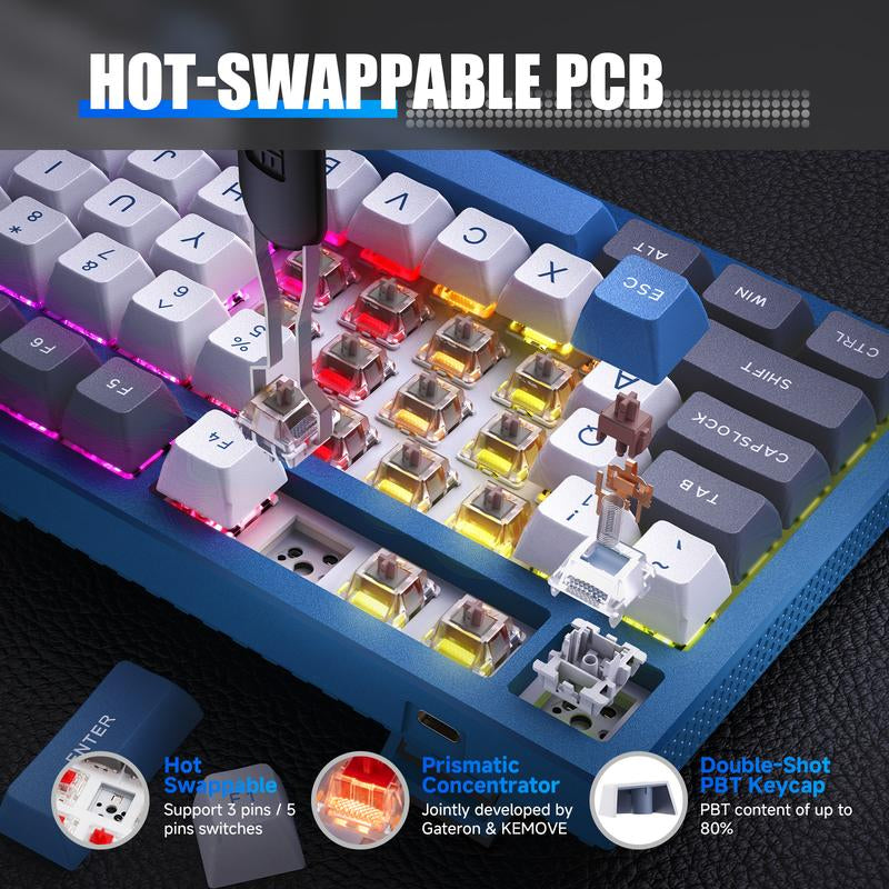 KEMOVE K87 Wireless Hot-Swap Mechanical Gaming Keyboard - 87 Keys, RGB Backlighting, 4000mAh Battery, Triple-Mode Connectivity - Limited Time Offer
