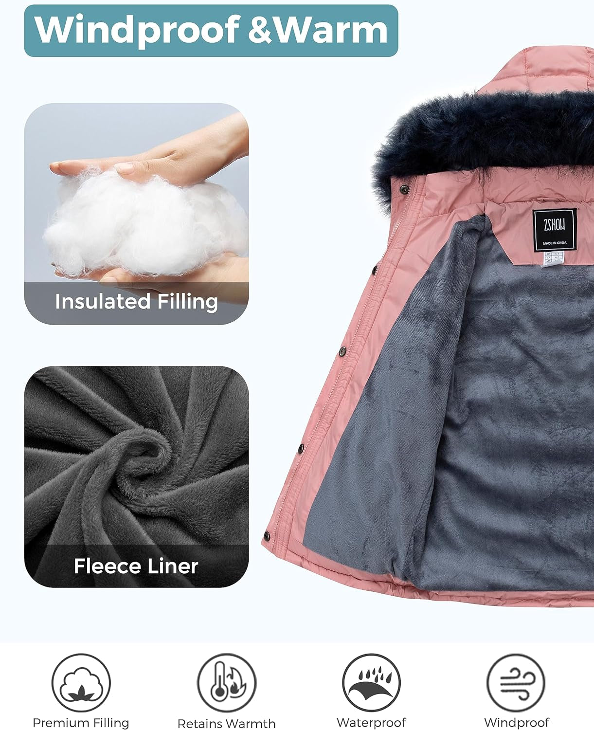 Girls' Winter Hooded Puffer Jacket with Luxurious Fleece Lining