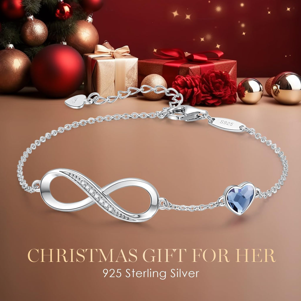 Infinity Heart Birthstone Charm Link Bracelet in 925 Sterling Silver - Adjustable Gift for Women on Special Occasions