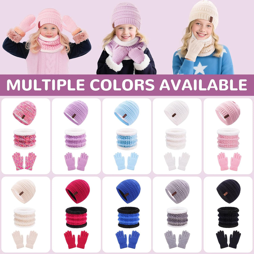 Children's Winter Beanie, Scarf, and Gloves Set - Cozy Knit Thermal Accessories for Ages 2-14