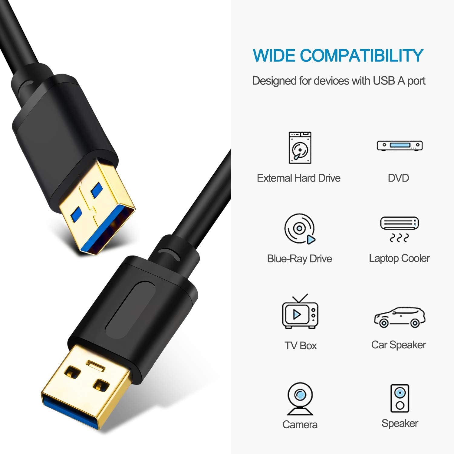 USB 3.0 Male to Male Cable, 6 Feet (1.8M) - Gold-Plated Connectors for Hard Drive Enclosures, DVD Players, and Laptop Coolers