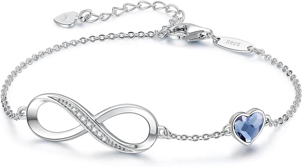 Infinity Heart Birthstone Charm Link Bracelet in 925 Sterling Silver - Adjustable Gift for Women on Special Occasions