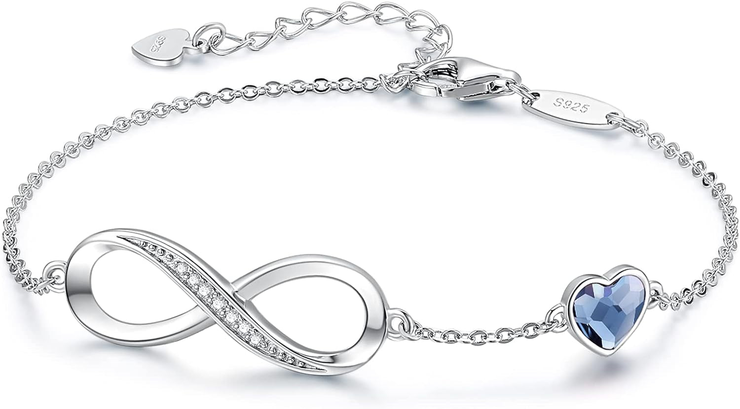 Infinity Heart Birthstone Charm Link Bracelet in 925 Sterling Silver - Adjustable Gift for Women on Special Occasions