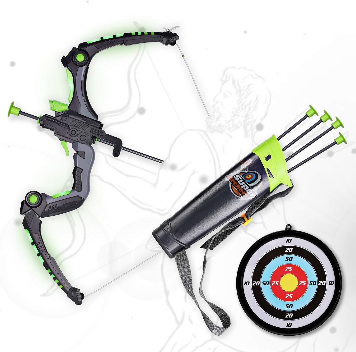 Kids Bow and Arrows, Light up Archery Set for Kids Outdoor Hunting Game with 5 Durable Suction Cup Arrows, Luminous Bow and Sighting Device, Green