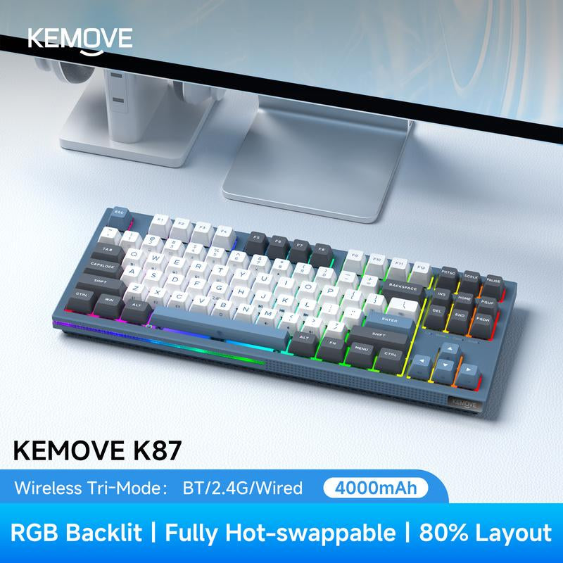 KEMOVE K87 Wireless Hot-Swap Mechanical Gaming Keyboard - 87 Keys, RGB Backlighting, 4000mAh Battery, Triple-Mode Connectivity - Limited Time Offer
