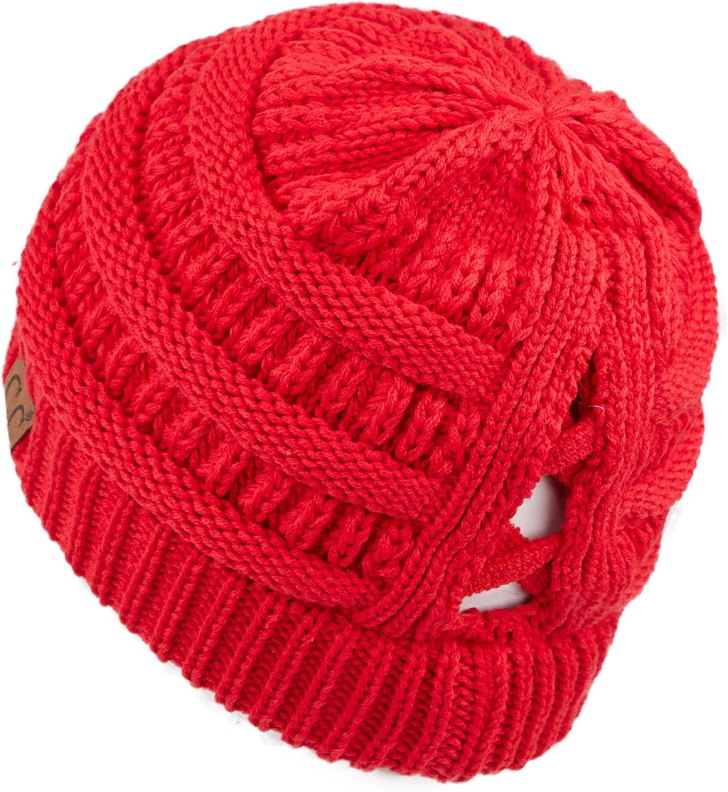 Women's Cable Knit Beanie with Soft Stretch for Messy Bun and Ponytail - Winter Hat (MB-20A)