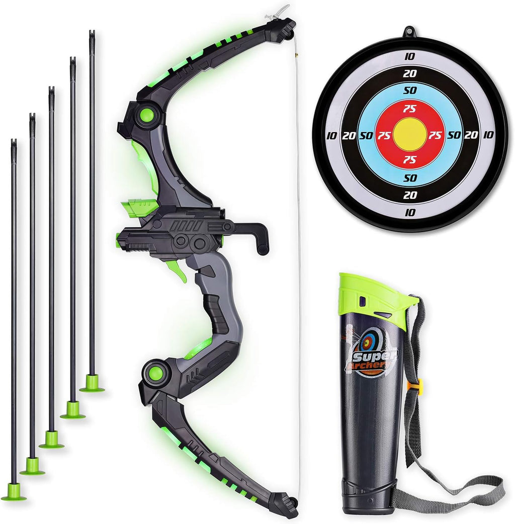 Kids Bow and Arrows, Light up Archery Set for Kids Outdoor Hunting Game with 5 Durable Suction Cup Arrows, Luminous Bow and Sighting Device, Green